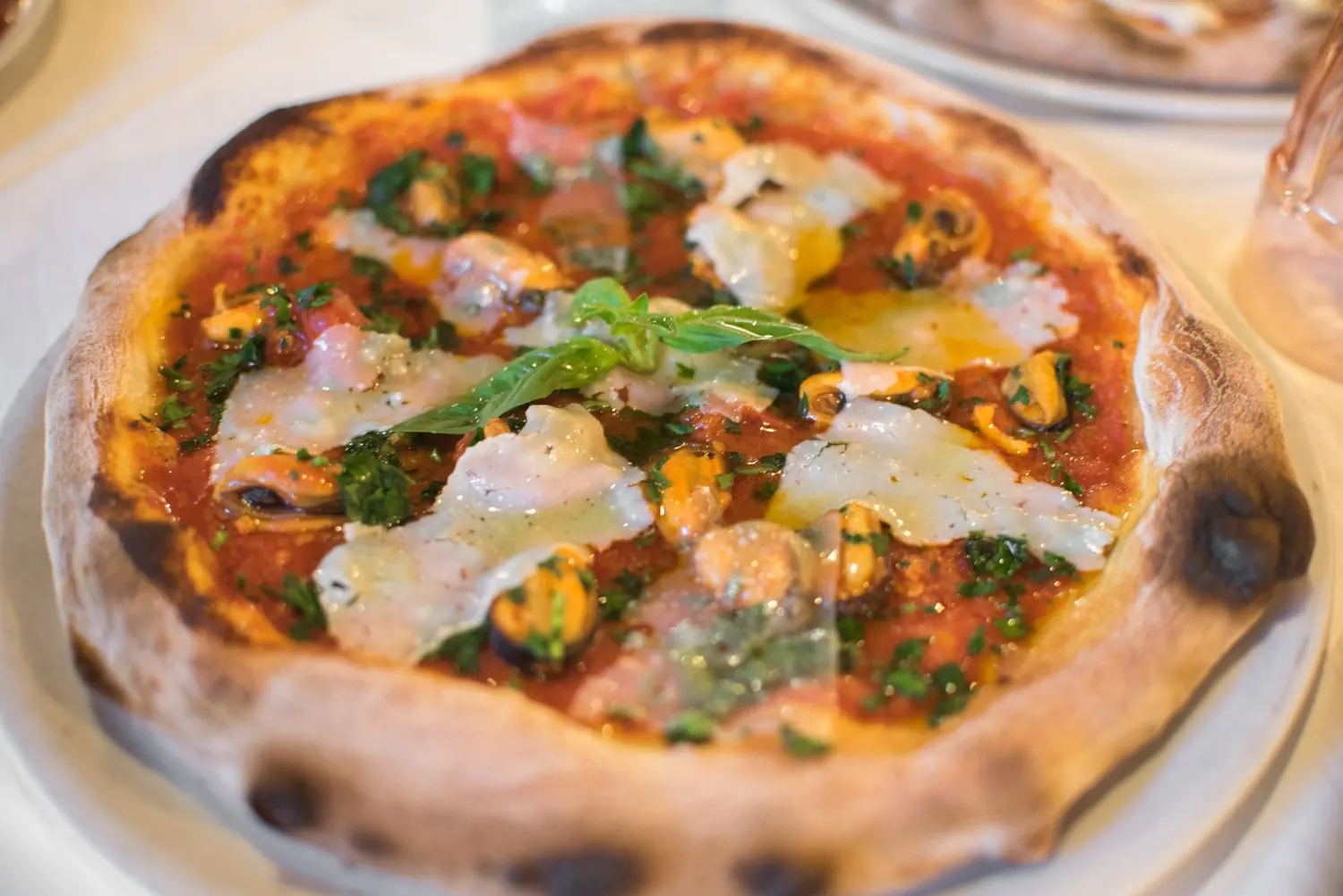 Pizza rossa con scaglie e basilico